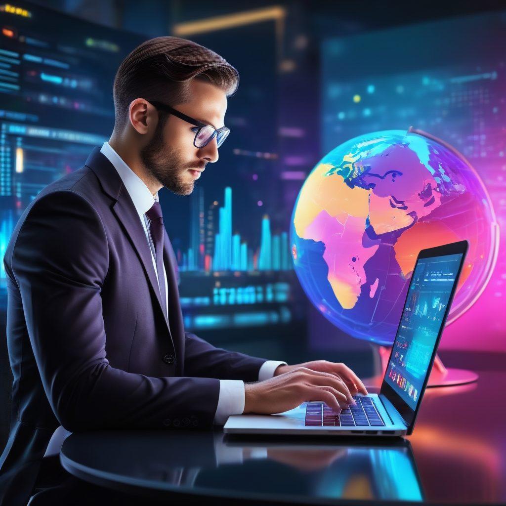 A tech-savvy business professional confidently selecting a premium hosting solution on a sleek laptop, with a futuristic dashboard displaying various hosting options. A glowing globe symbolizing online presence hovers in the background. Vibrant colors, modern aesthetic. super-realistic.