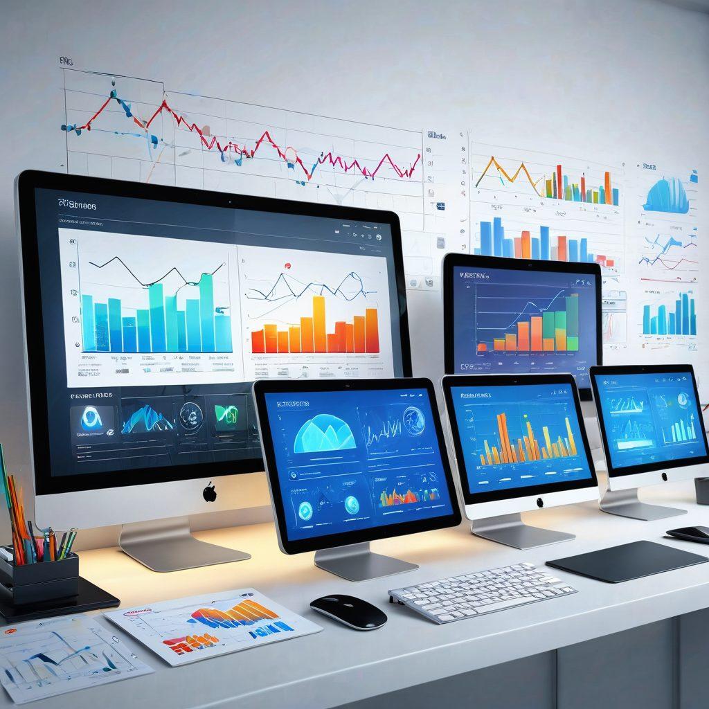 A sleek, modern office setup with multiple devices (laptop, desktop, tablet) displaying a variety of websites. A businessperson's hand points toward a glowing server rack in the background, symbolizing web hosting services. Stylish charts and graphs depicting performance metrics float around. The environment is professional yet vibrant, showcasing a high-tech, successful business atmosphere. super-realistic. vibrant colors. white background.