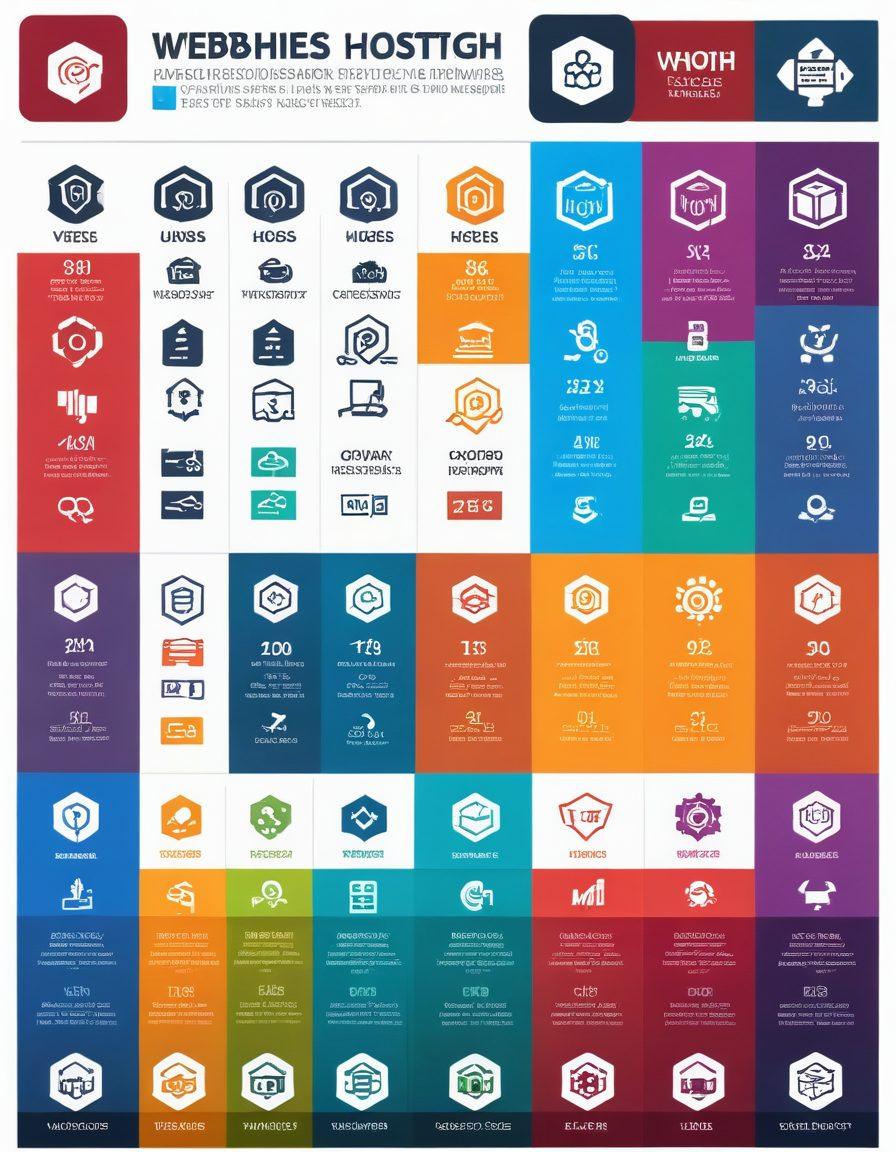 A dynamic comparison chart featuring various web hosting providers, each represented by sleek, modern icons and logos. Highlighted key features include uptime, speed, customer support, and pricing, visually represented by vibrant graphics such as clocks, rocket ships, headsets, and price tags. A background with a clean, white tone ensuring clarity and focus on the icons. Vector art, vibrant colors, white background.